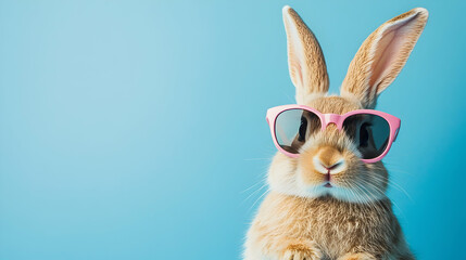  bunny with sunglasses. Easter party concept. Isolated on blue background