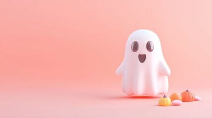 A cute ghost toy with a happy face, surrounded by colorful candy, perfect for Halloween-themed decorations or events.