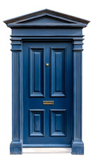 Classic wooden navy blue framed door isolated on white background