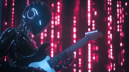 Futuristic robot playing electric guitar on neon-lit stage