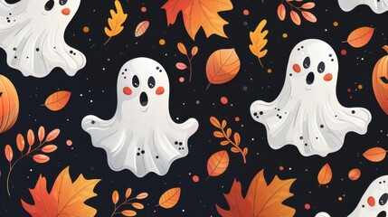 Halloween themed artwork featuring white ghosts and orange leaves