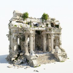3D Render of a ruined palace with collapsed roofs and fallen statues, on isolated white background