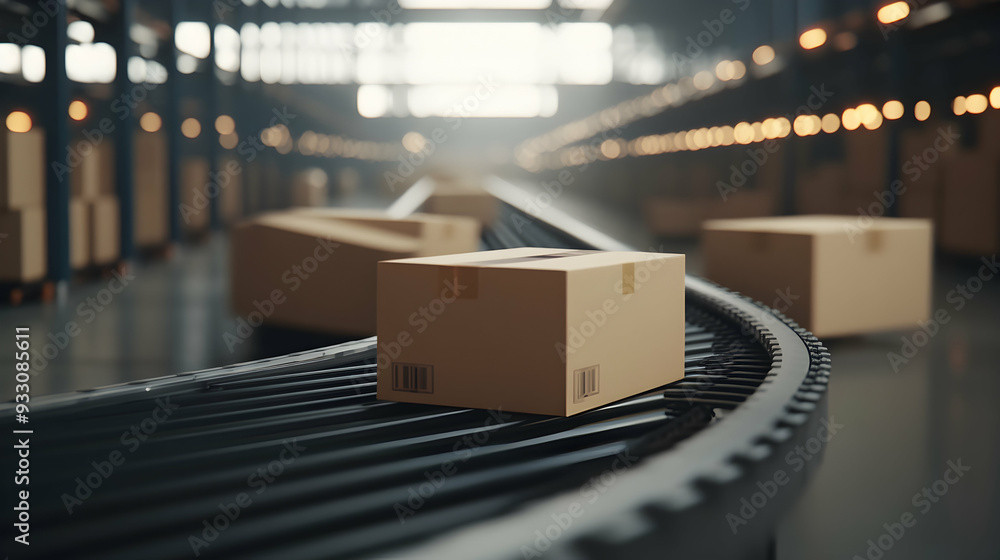 Poster conveyor belt in a distribution warehouse with row of cardboard box packages for e-commerce delivery