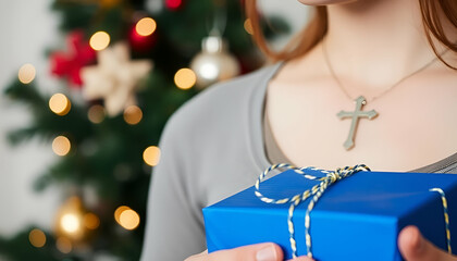 Close up of a woman with long hair holding a blue Christmas gift, wearing a cross necklace, blurry Christmas tree in the background