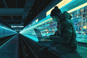 A hacker engrossed in work on a laptop while in a busy metro station, illustrating the risks associated with public internet connections. Generative AI