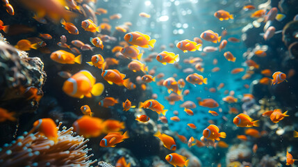 Naklejka premium Orange and White Clownfish Schooling in Blue Water - Realistic Photograph