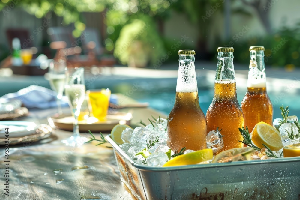 Poster home party refreshments chilled beer bottles and cool drinks display for text placement