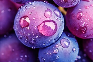 Close-up of fresh dewy grapes in vibrant purple hues