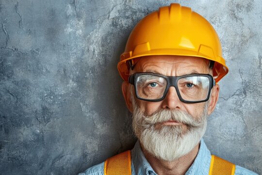 Senior construction worker with hard hat safety glasses