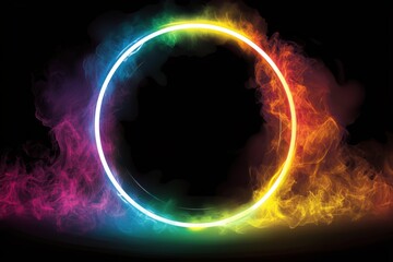 Vibrant neon light circle surrounded colorful smoke on black background