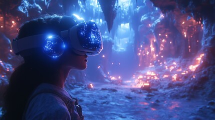 A person explores a vibrant virtual world while wearing immersive VR glasses in a mystical cave setting during a gaming session