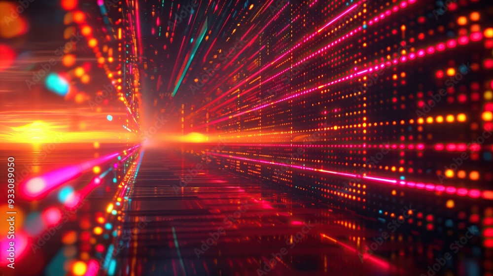 Poster Abstract digital tunnel with bright neon lights voding tech background