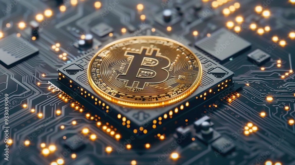 Poster golden bitcoin symbol on circuit board abstract cryptocurrency background