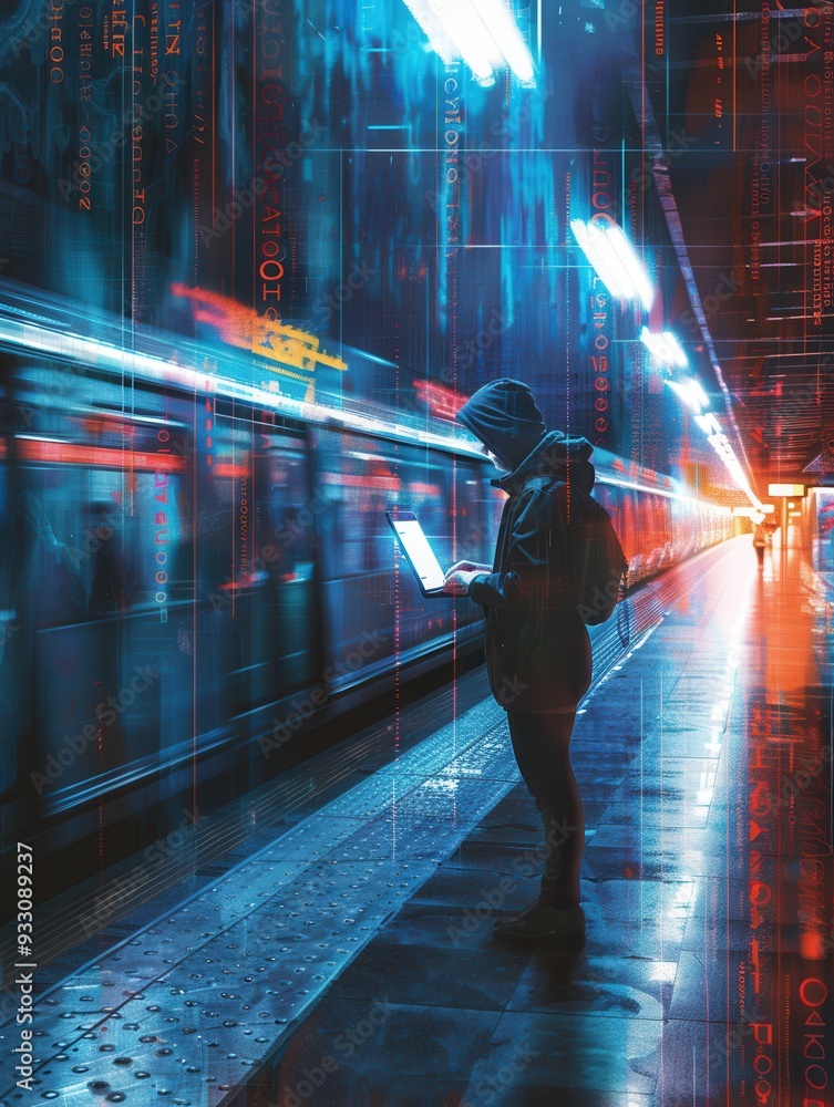 Poster a person is working on a laptop in a crowded metro station, emphasizing the potential dangers of usi