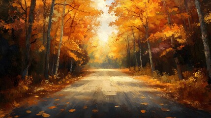 Fototapeta premium Peaceful rural road, autumn colors, golden leaves, oil painting brushstrokes, warm and inviting