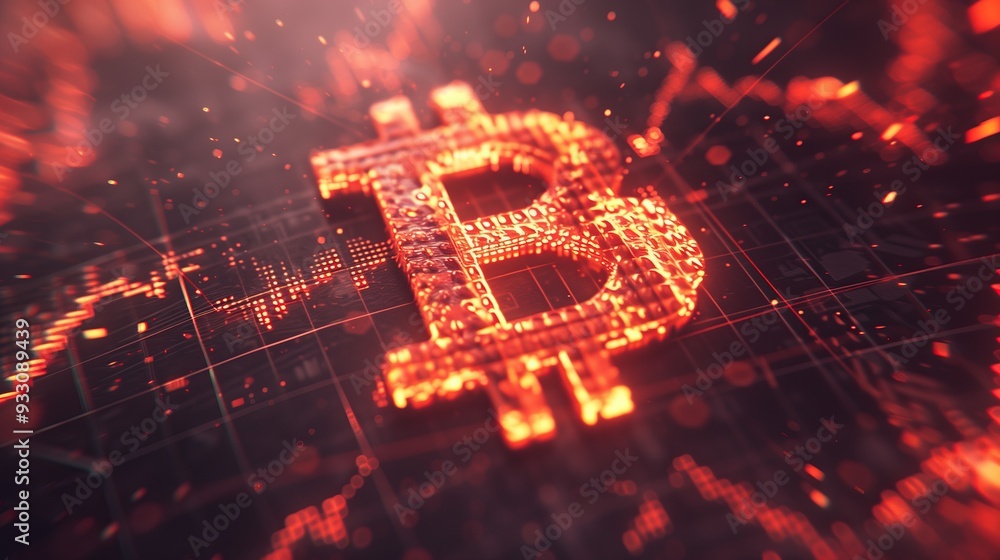 Poster glowing bitcoin symbol on digital hi tech circuit crypto background