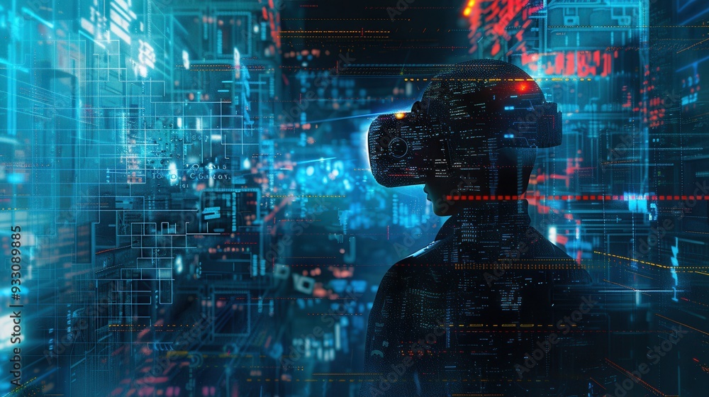 Aufkleber a hacker navigates through an immersive virtual realm, interacting with digital locks and complex co