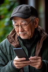 Fototapeta premium Japanese senior man focused on his smartphone, one hand holding it steady, the other scrolling with his thumb.