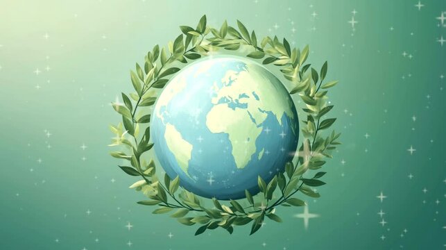 A calm Earth encircled by olive branches with symbolizing global peace. Looping 4k video animation background