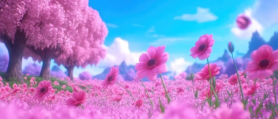 Fototapeta premium A vibrant scene featuring a field of pink flowers under a bright blue sky, evoking a sense of peace and natural beauty.