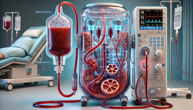 A detailed of a dialysis machine connected to a patient undergoing hemodialysis treatment. focus on the process of blood filtration, showing the blood entering and leaving the dialysis machine.