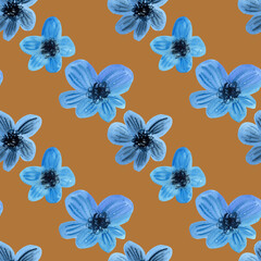 Watercolour blue delicate flowers illustration seamless pattern. On brown background. Drawn Botanical. For fabric, wallpaper, wrapping. Summer, spring vibes print decor. Hand painted floral elements.