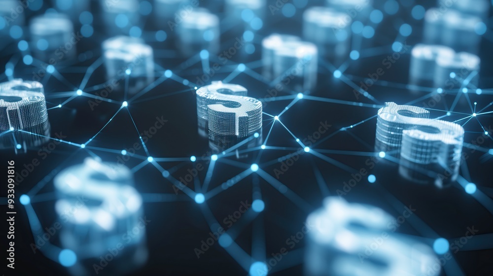 Poster row of digital dollar signs connected by network of blue lines advanced financial technology backgro