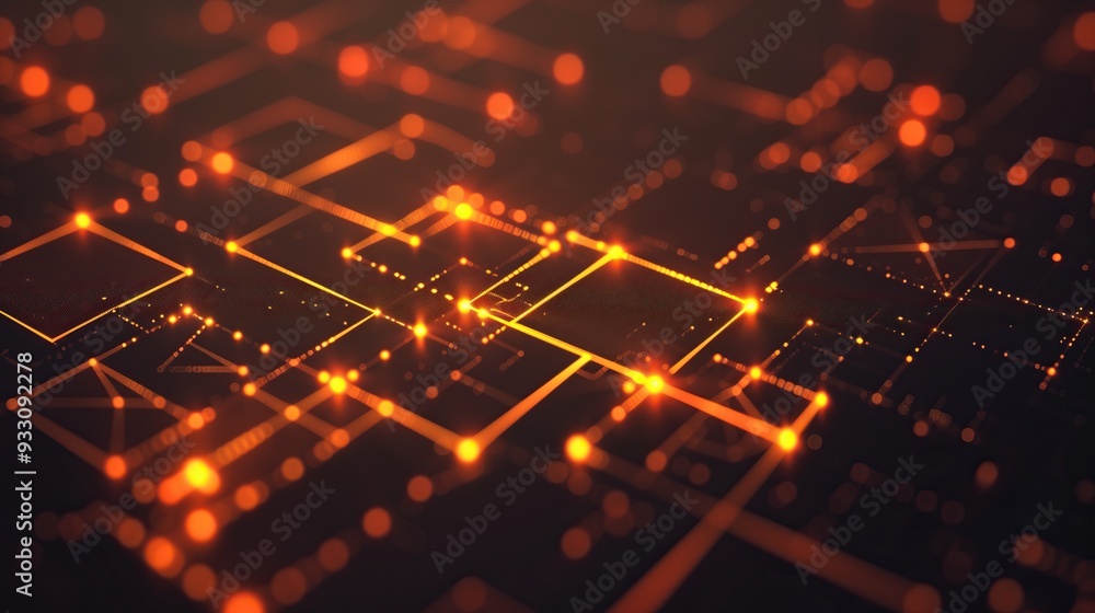 Poster Abstract glowing orange lines and dots on dark background technology circuit