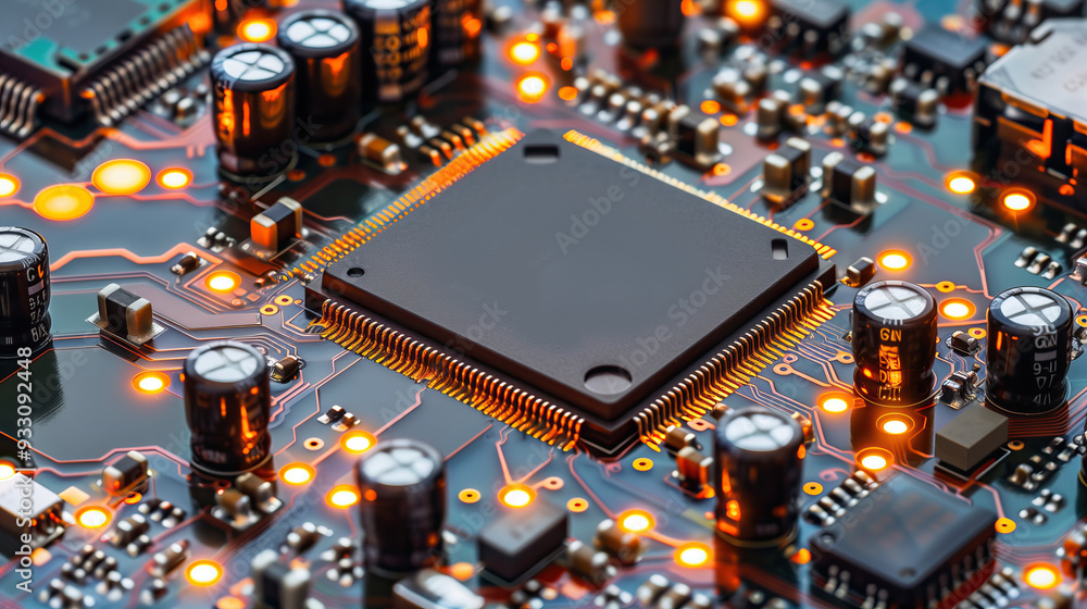 Poster Close-up of circuit board with processor chip advance tech background