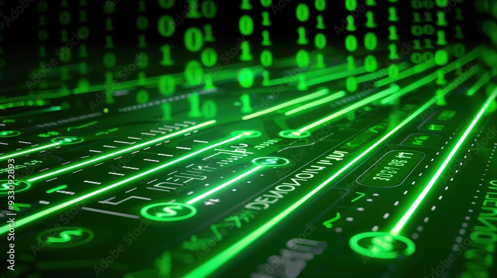 Poster Abstract green digital background with glowing lines binary code 1 and 0 technology