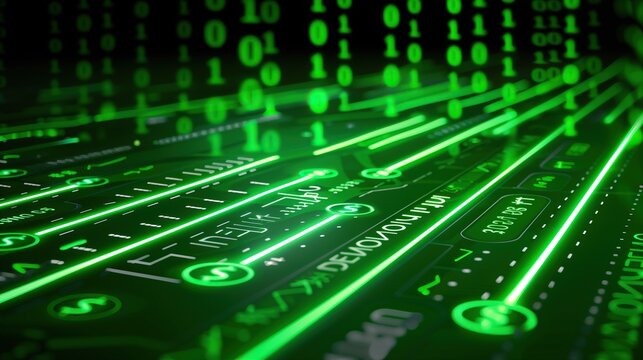 Abstract green digital background with glowing lines binary code 1 and 0 technology