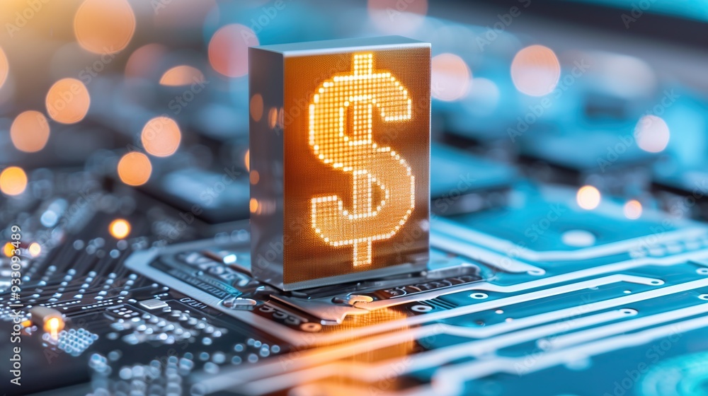 Poster glowing dollar sign symbol on circuit board abstract tech background