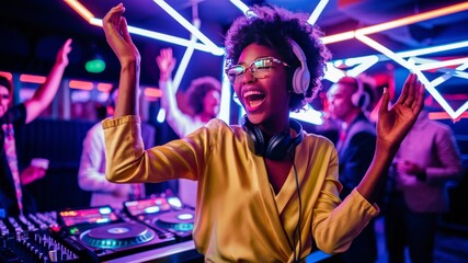 African American girl DJ in white headphones dancing at a party
