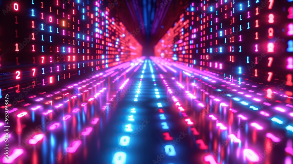 Fototapete neon glowing binary code corridor 1 and 0 numbers cyber advance technology background
