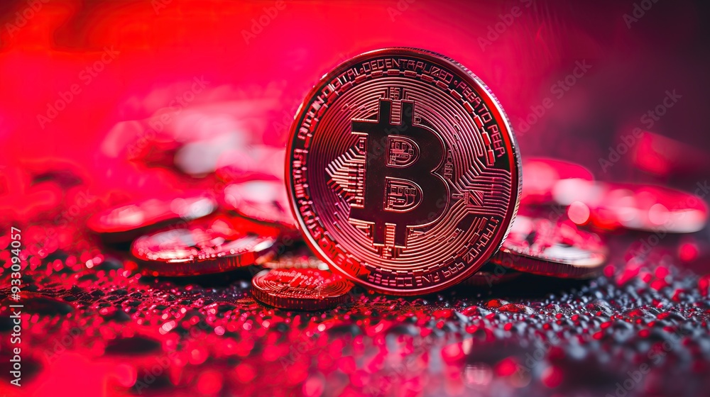 Poster single bitcoin coin stands out on dark background with other coins blurred in background