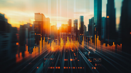 Obraz premium Abstract business team stands on the peak of success amid tall, innovative Smart city and graphs with statistics to analyze business potential and predict future developments in company growth.