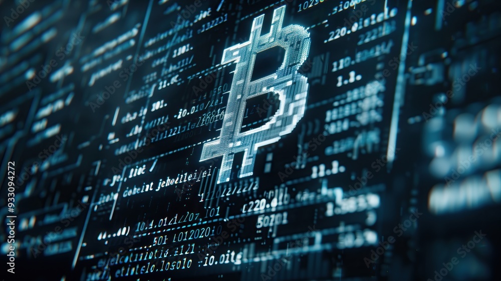 Poster digital Bitcoin symbol on screen with code advance technology crypto currency background