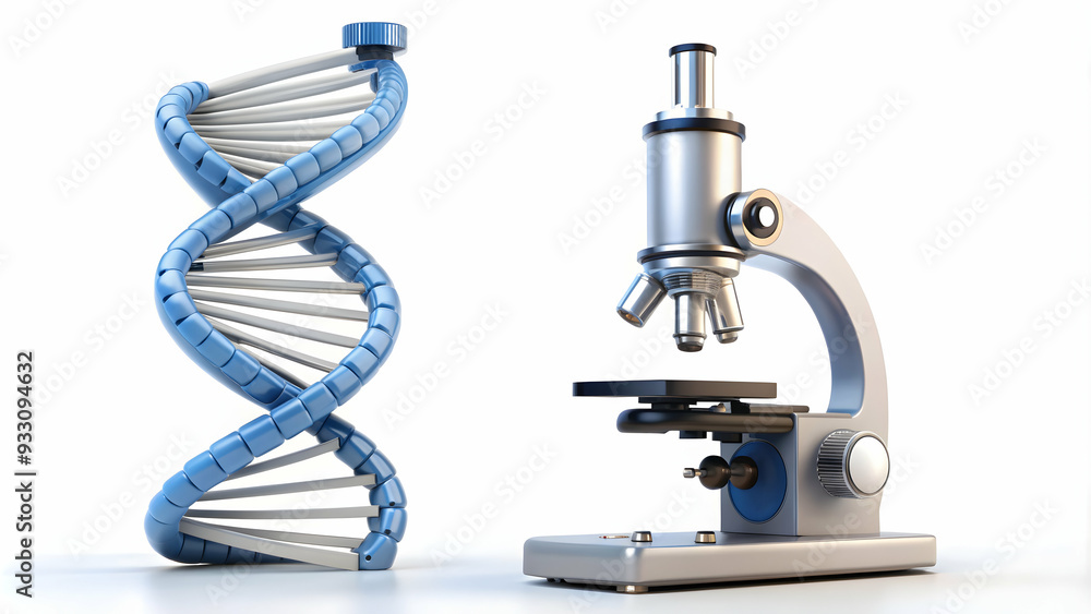 Poster 3d flat icon as dna strand and a microscope symbolizing genetics and research with ample space for t