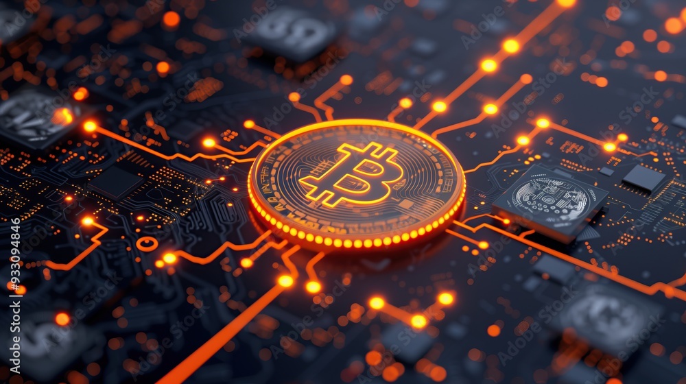 Poster glowing bitcoin coin on circuit board technology background
