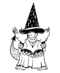 Halloween woman gnome at funny hat. Hand draw illustration for sublimation t-shirt, pillow, mug. line art illustration, black and white. Print for poster, postcard, notebooks, color book