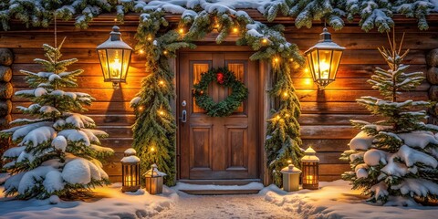 Warm lanterns and evergreen branches adorn a rustic wooden door, inviting festive cheer into a cozy cabin on a snowy winter's night.
