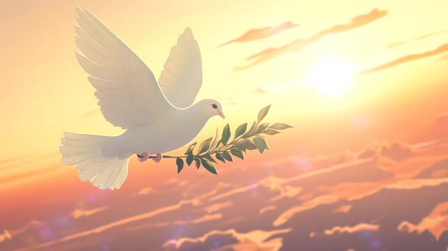 A white dove carrying an olive branch flying above a peaceful world with a gentle sunrise. Looping 4k video animation background