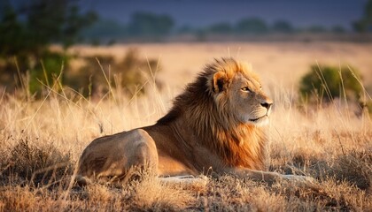 Fototapeta premium Majestic lion resting in the savannah grass.