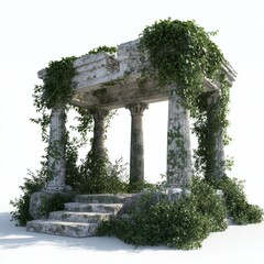 3D Render of ancient temple ruins with crumbling pillars and vines, on isolated white background