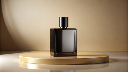 Design Mockup Black Perfume Bottle on Gold Platform.