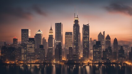 Fototapeta premium A city skyline at night with the lights of the buildings reflecting on the water