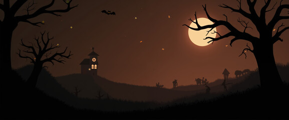 Fototapeta premium Halloween Night, Dark Moonlit Silhouette of a Spooky Town Against Night Sky with a Full Moon