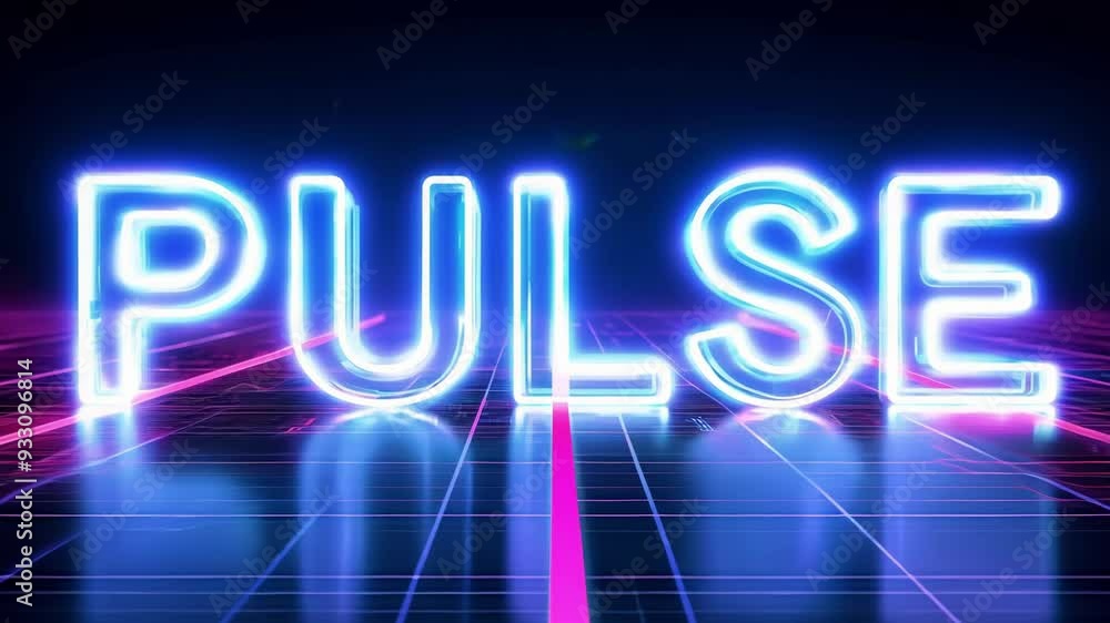 Poster blue neon sign featuring the word pulse glows over a futuristic grid, with a pink line adjusting its