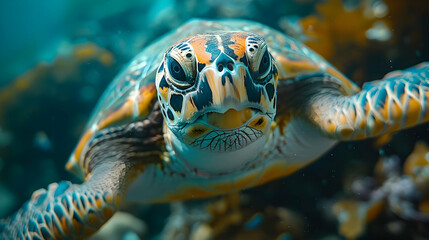 Obraz premium Closeup of a Sea Turtle Underwater - Photo