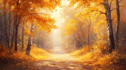 Obraz premium Country lane in autumn, trees with golden leaves, warm sunlight, oil painting brushstrokes, peaceful atmosphere
